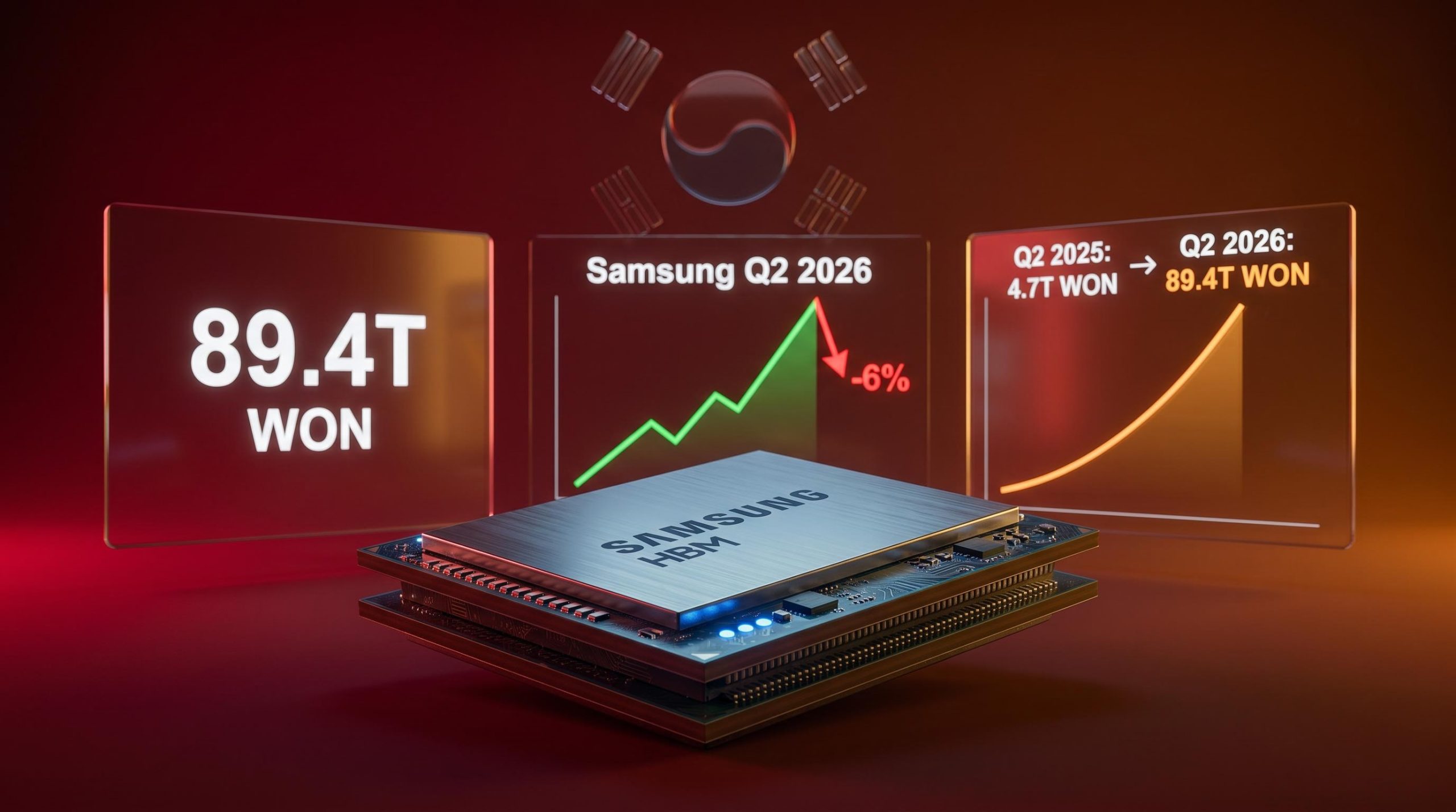 Samsung HBM chip with 89.4T won Q2 2026 record profit panel and -6% share decline overlay