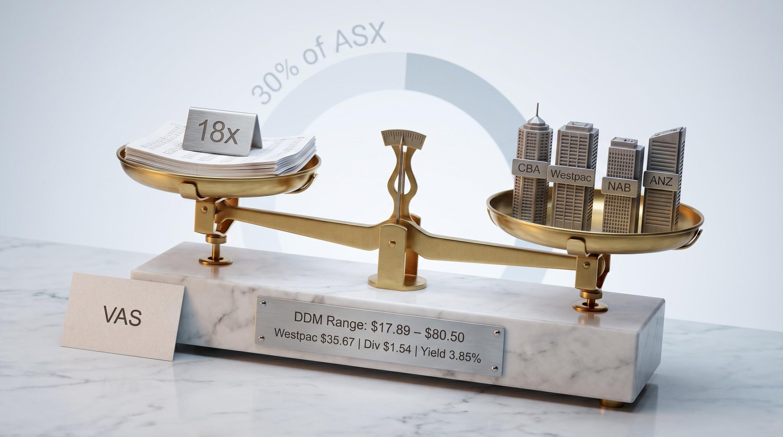 Analytical balance scale with ASX big four bank towers and DDM range $17.89–$80.50 — qualitative bank stock framework