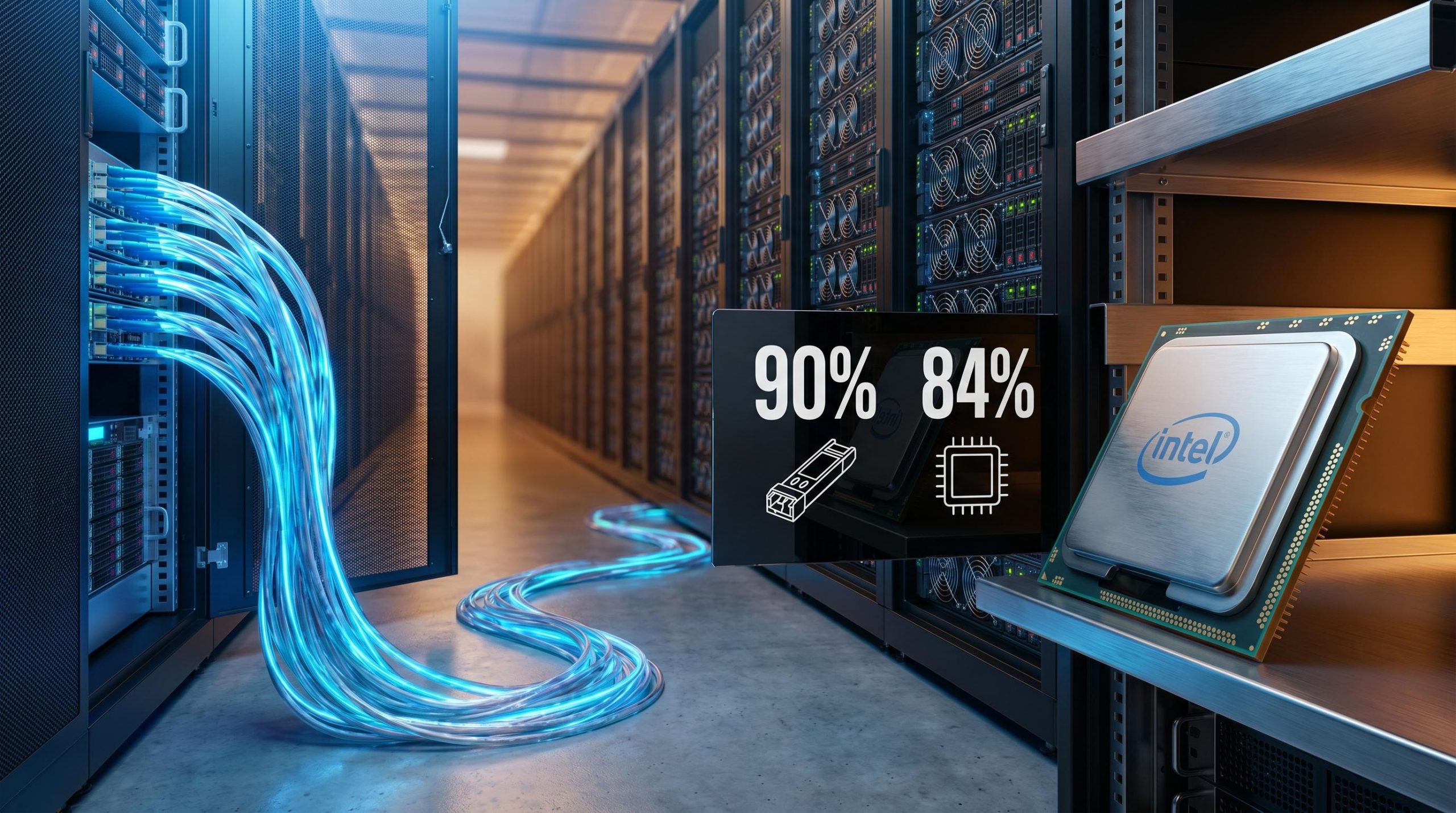 Fibre-optic cables and Intel CPU inside AI data centre with 90% and 84% recovery figures displayed on rack panel