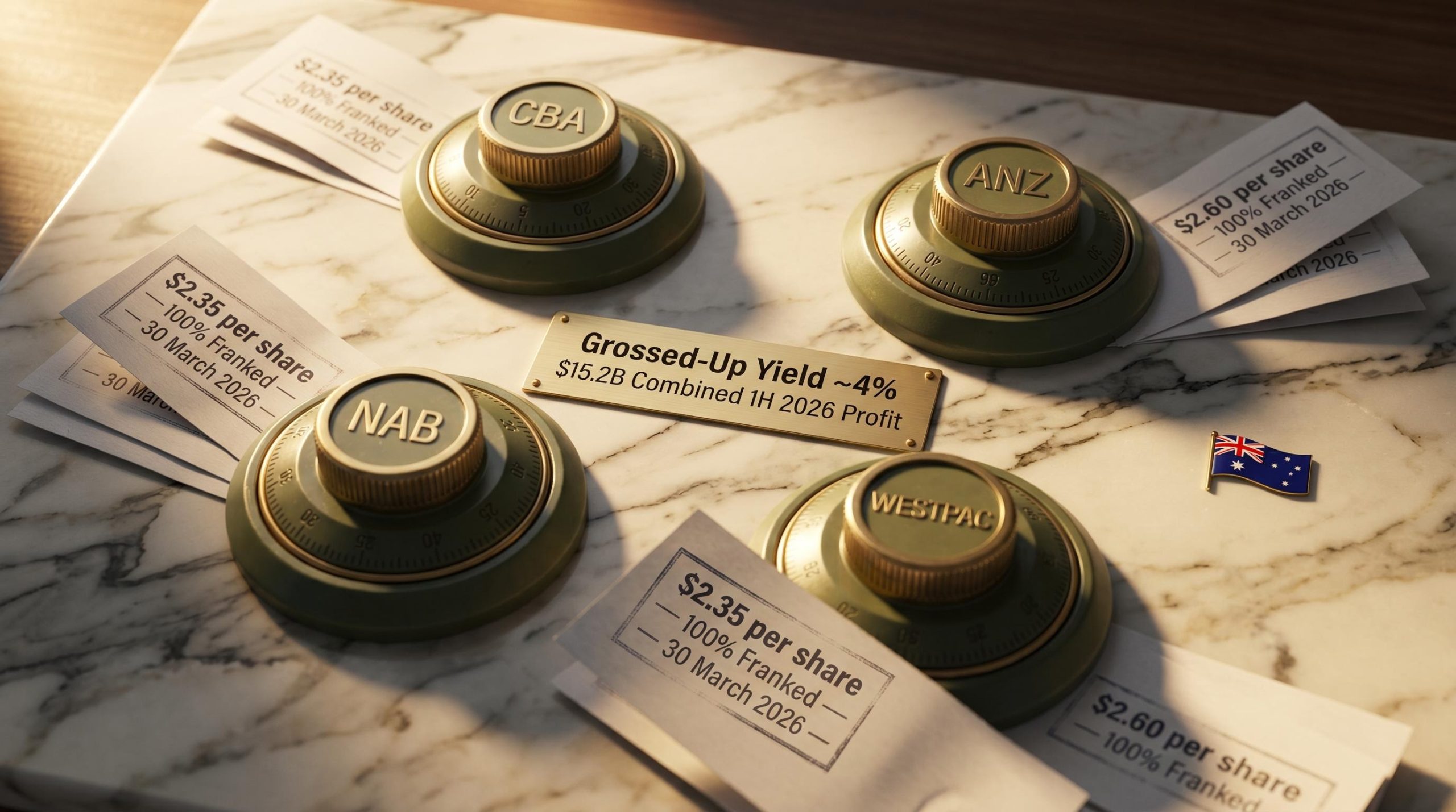 Australian bank shares Big Four vault dials with franked dividend figures and $15.2B combined 1H 2026 profit on marble