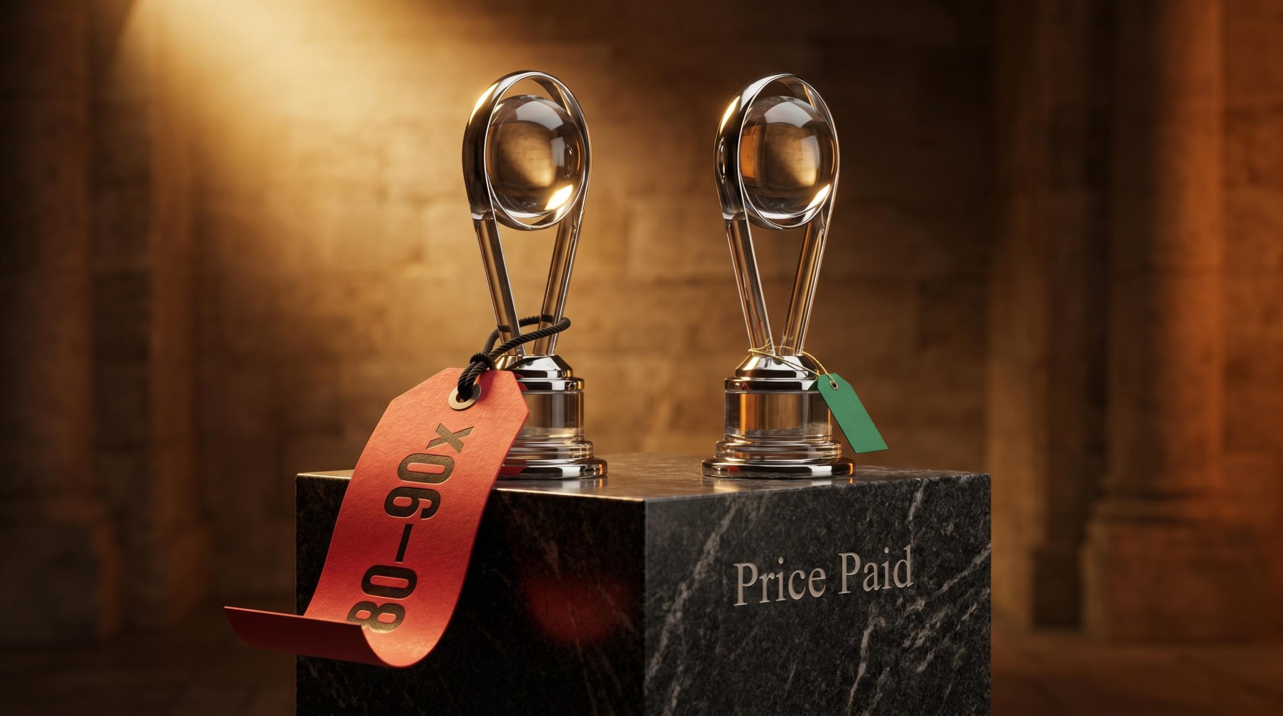 Two identical trophies on granite — one with an enormous "80–90x" price tag — visualising price vs value investing
