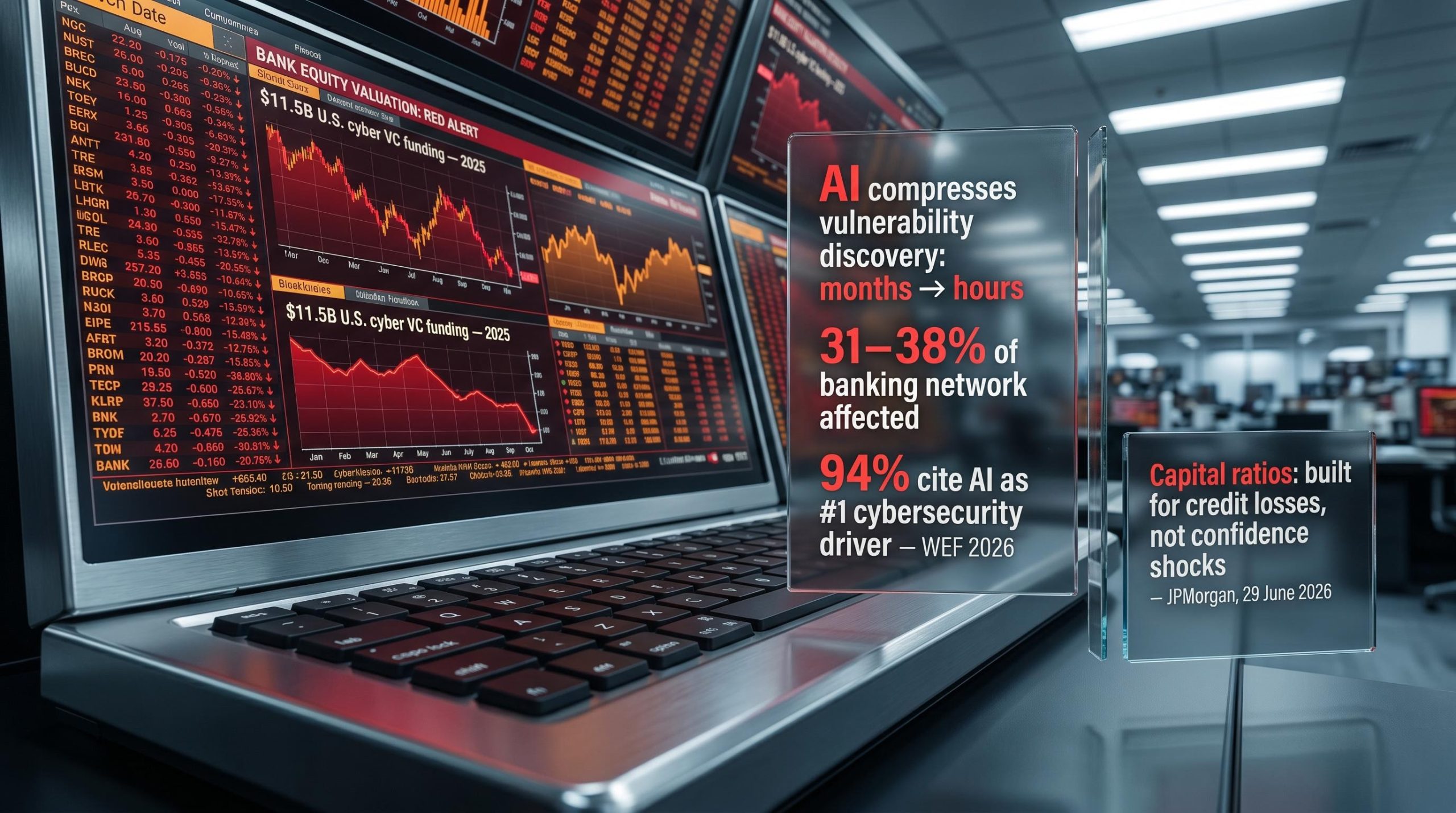 JPMorgan terminal showing bank valuation data with AI cyber risk overlays — 31–38% network exposure flagged