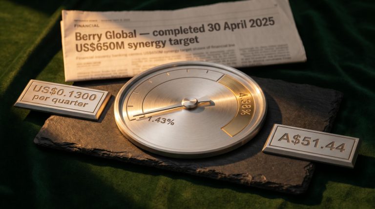 Amcor dividend yield gauge showing 1.43% vs 4.38% historical average amid Berry Global acquisition re-rating