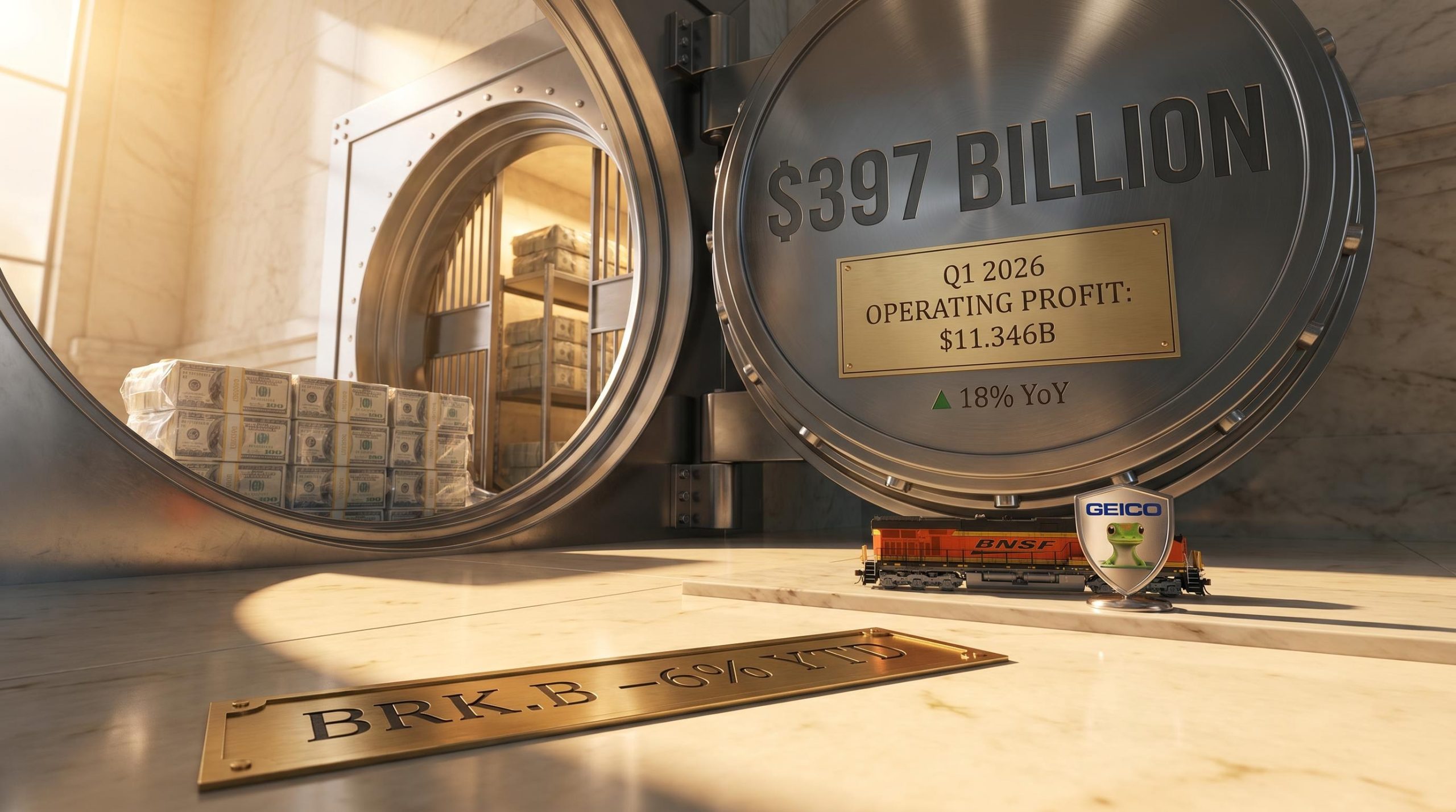 Berkshire Hathaway vault door engraved with $11.346B Q1 2026 earnings and $397B cash record