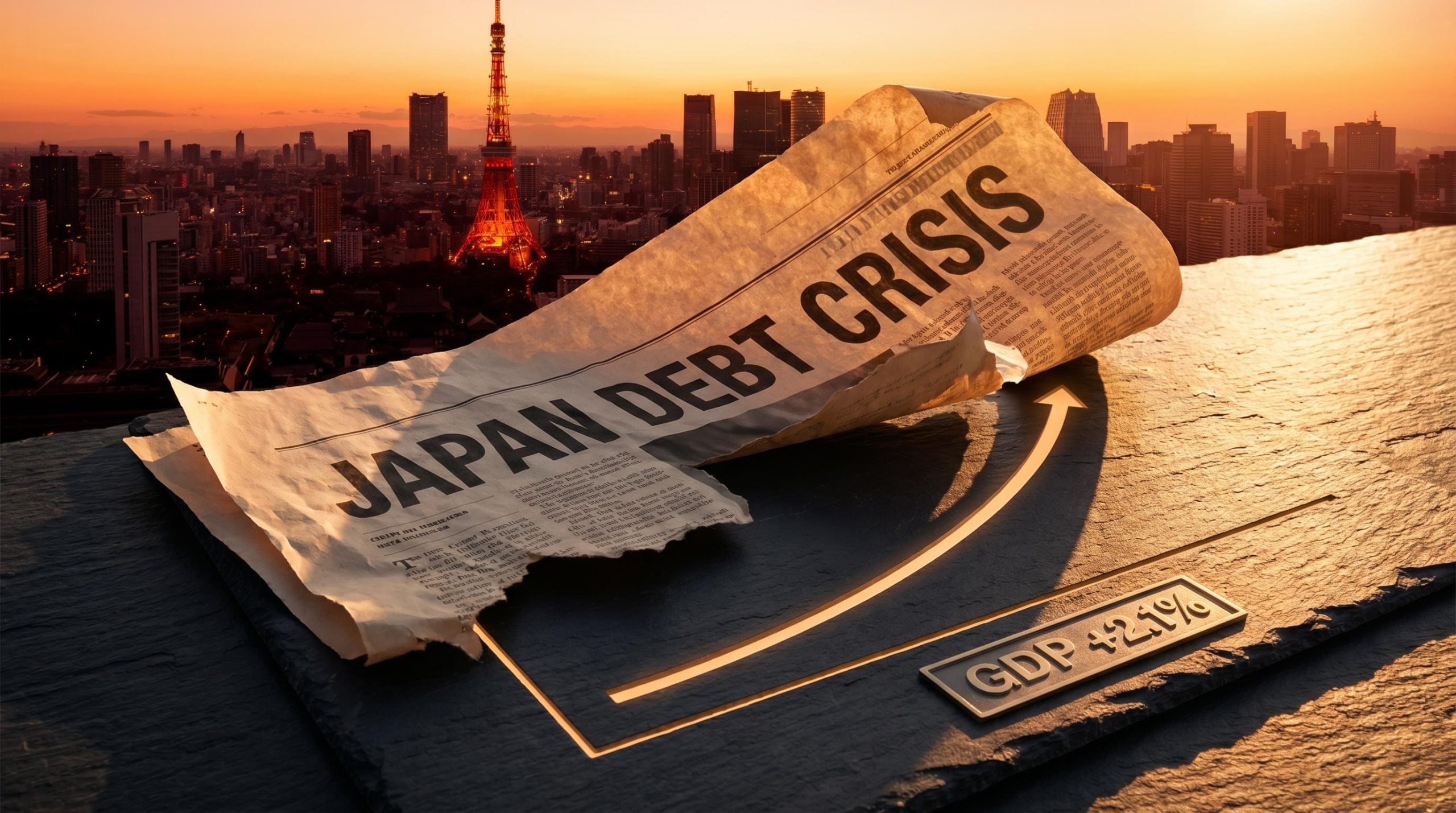 Tokyo skyline at golden hour behind torn bearish headline as Japan stock market outlook diverges from GDP data