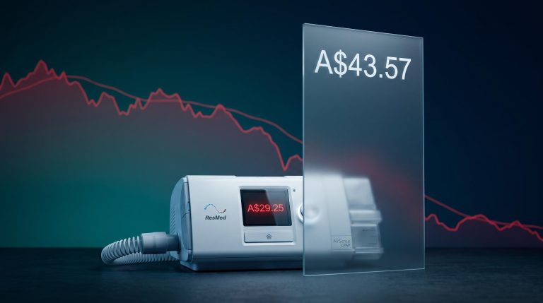ResMed AirSense CPAP device with A$29.25 price and A$43.57 analyst target amid RMD share price decline