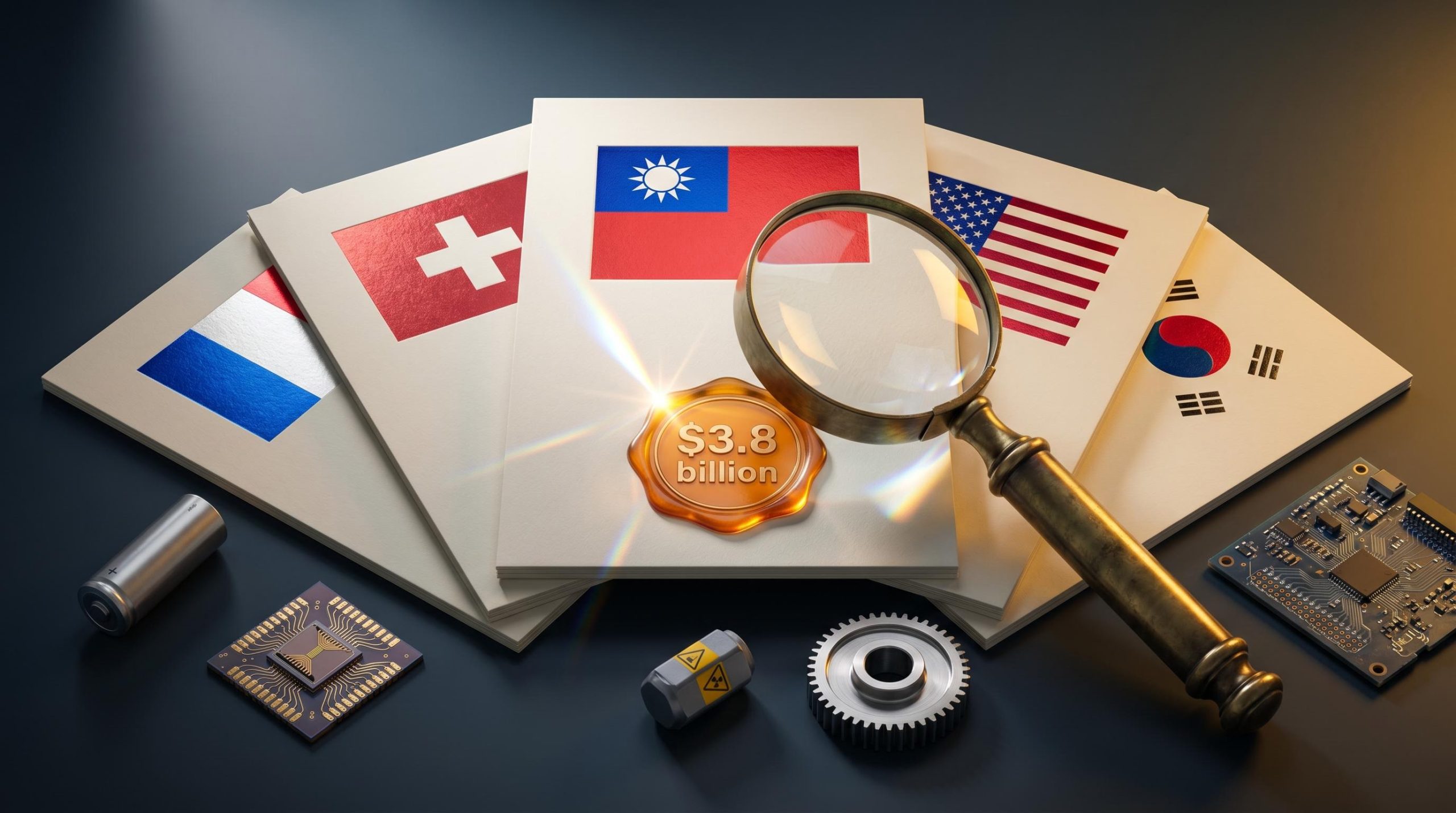 Five de-SPAC deal documents fanned with national flags and a $3.8B embossed seal under a magnifying glass