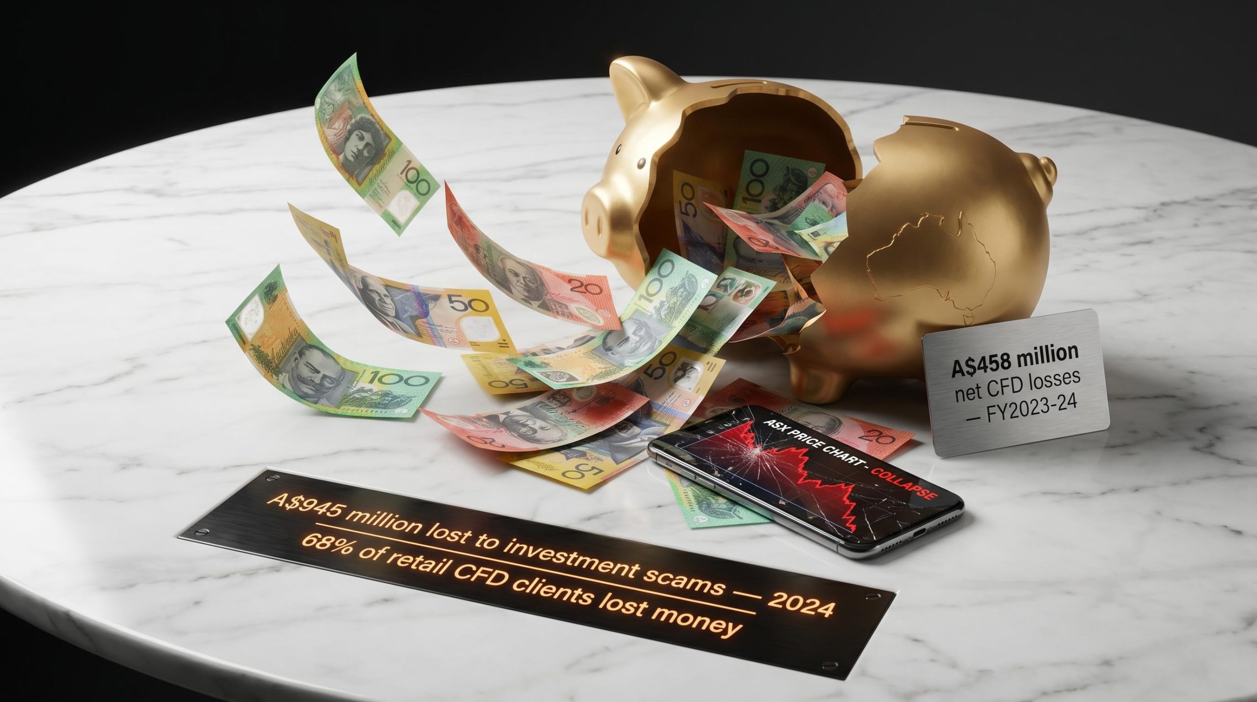 Cracked piggy bank spilling Australian banknotes beside placard showing A$945M scam losses and 68% CFD loss rate