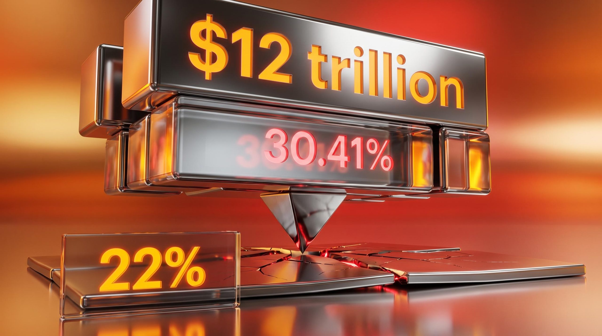 A precariously balanced top-heavy glass structure displays $12 trillion and 30.41%, illustrating severe index concentration.