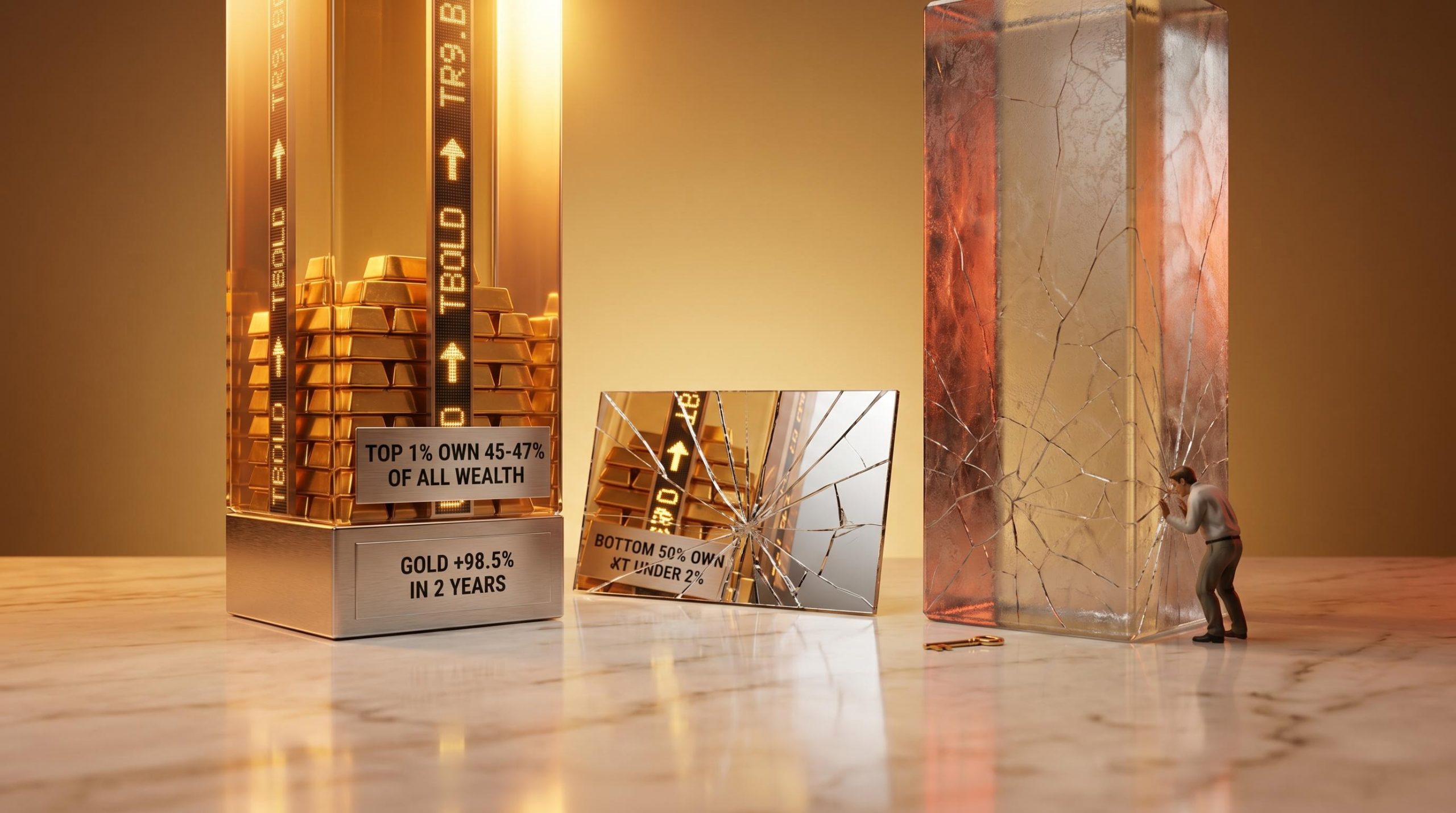 Two glass monoliths symbolising asset price inflation inequality — wealthy tower versus locked-out buyer, with wealth stats etched in surface
