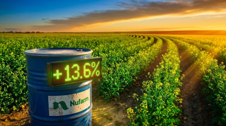 Nufarm share price surges 13.6% after earnings beat, with crop field and green display panel at golden hour