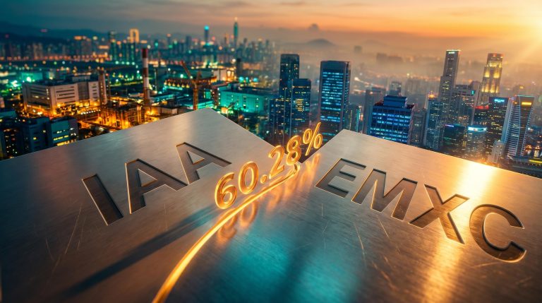 IAA and EMXC iShares ETF tickers against Asian city skyline, with 60.28% return figure displayed