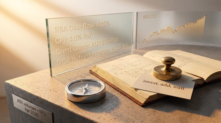 Brass compass and engraved ledger on concrete desk showing RBA 4.35% rate and DCA 4.2% foundational investing strategies