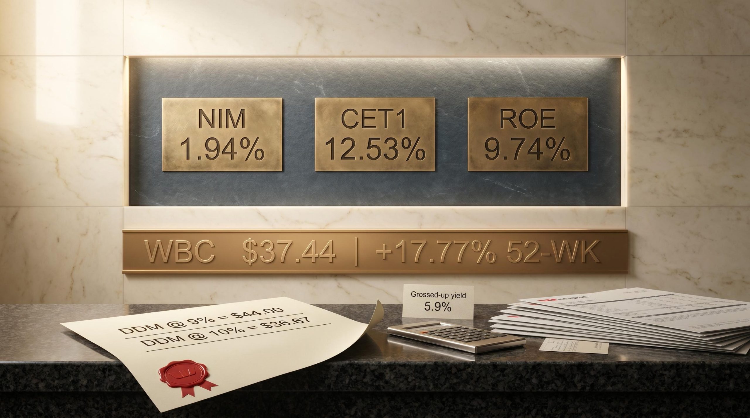 Westpac NIM 1.94%, CET1 12.53% and DDM fair value range $36.67–$44 shown as engraved financial plaques