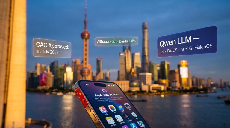 iPhone with Apple Intelligence active in China, with CAC approval date and Alibaba Baidu share gains overlaid on Shanghai skyline