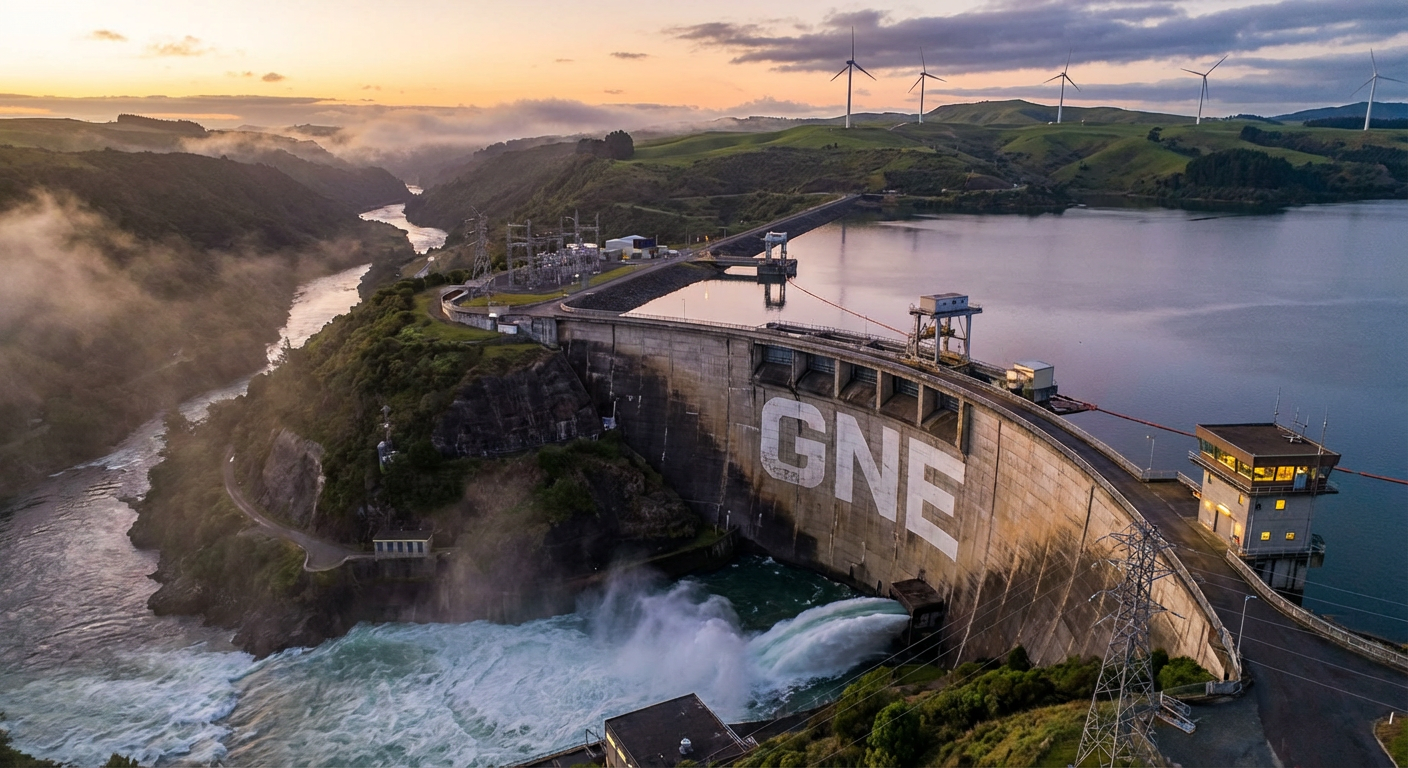 Dam with water and wind turbines