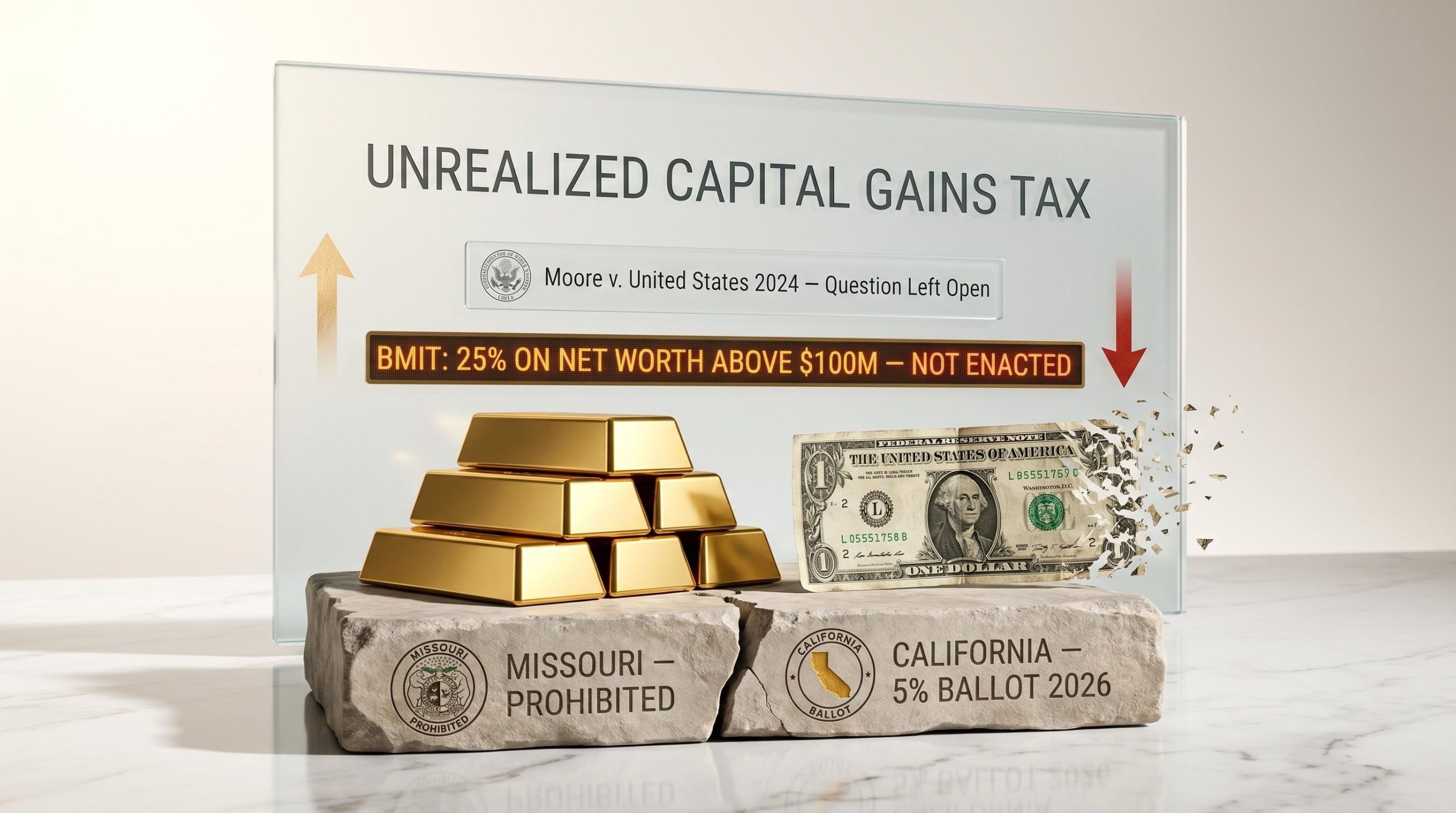 Gold bullion and frosted glass slab etched with unrealized capital gains tax details, Moore v. United States 2024 ruling left open