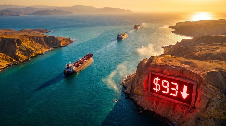 Strait of Hormuz oil tankers at golden hour with Brent crude price drop below $100 displayed on cliffside screen
