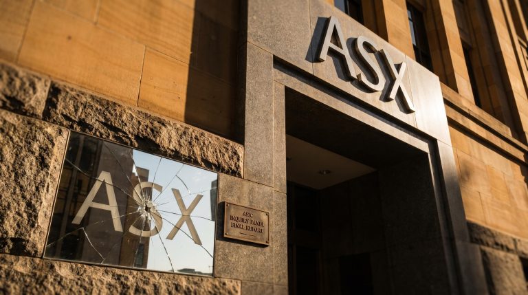 ASX building facade with fractured mirror reflection under amber light, symbolising ASIC inquiry findings on governance failures