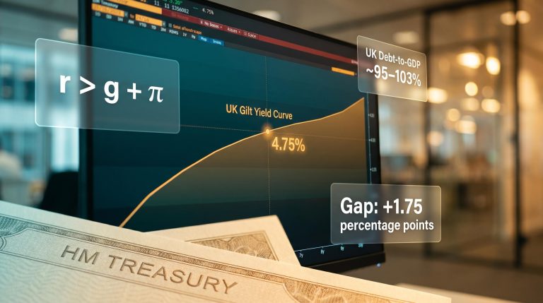 UK gilt yield curve at 4.75% on trading terminal with debt-to-GDP and r vs g π data overlays