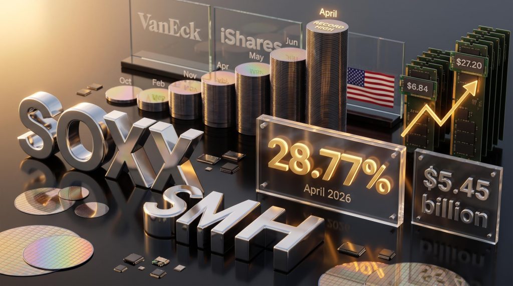 SOXX and SMH ticker symbols with 28.77% April gains and $5.45B inflows displayed on chrome semiconductor wafer composition