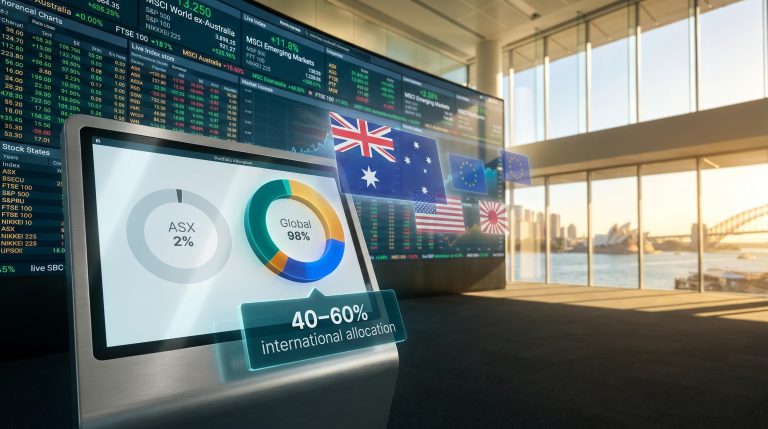 ASX portfolio screen showing 2% global share vs 98% offshore, with MSCI World allocation panel — investing in international shares Australia