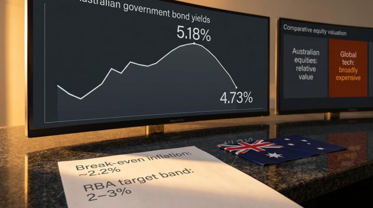 Australian bond yield chart from 5.18% to 4.73% on trading screen with asset allocation analysis overlay