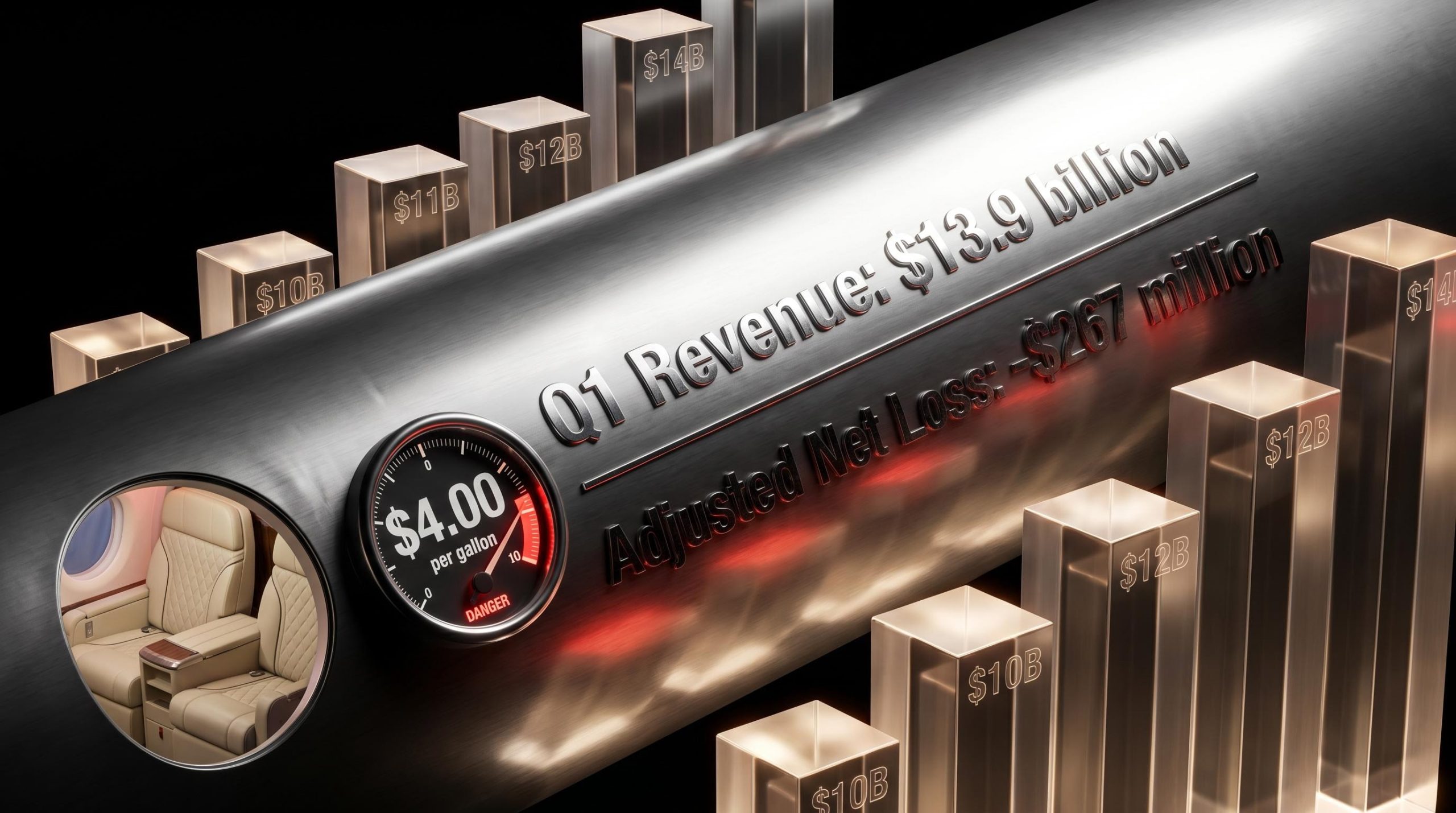 American Airlines fuselage displaying Q1 revenue of $13.9B and net loss of $267M with fuel gauge in red zone