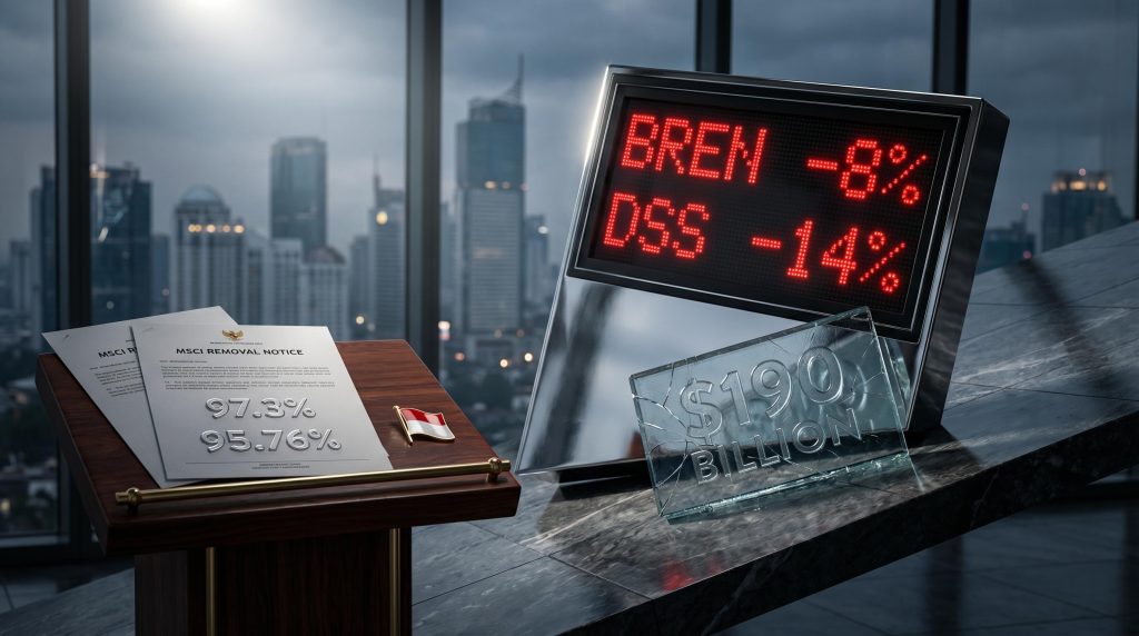Jakarta stock exchange floor tilted downward with MSCI removal notices, showing $190B loss and concentration figures