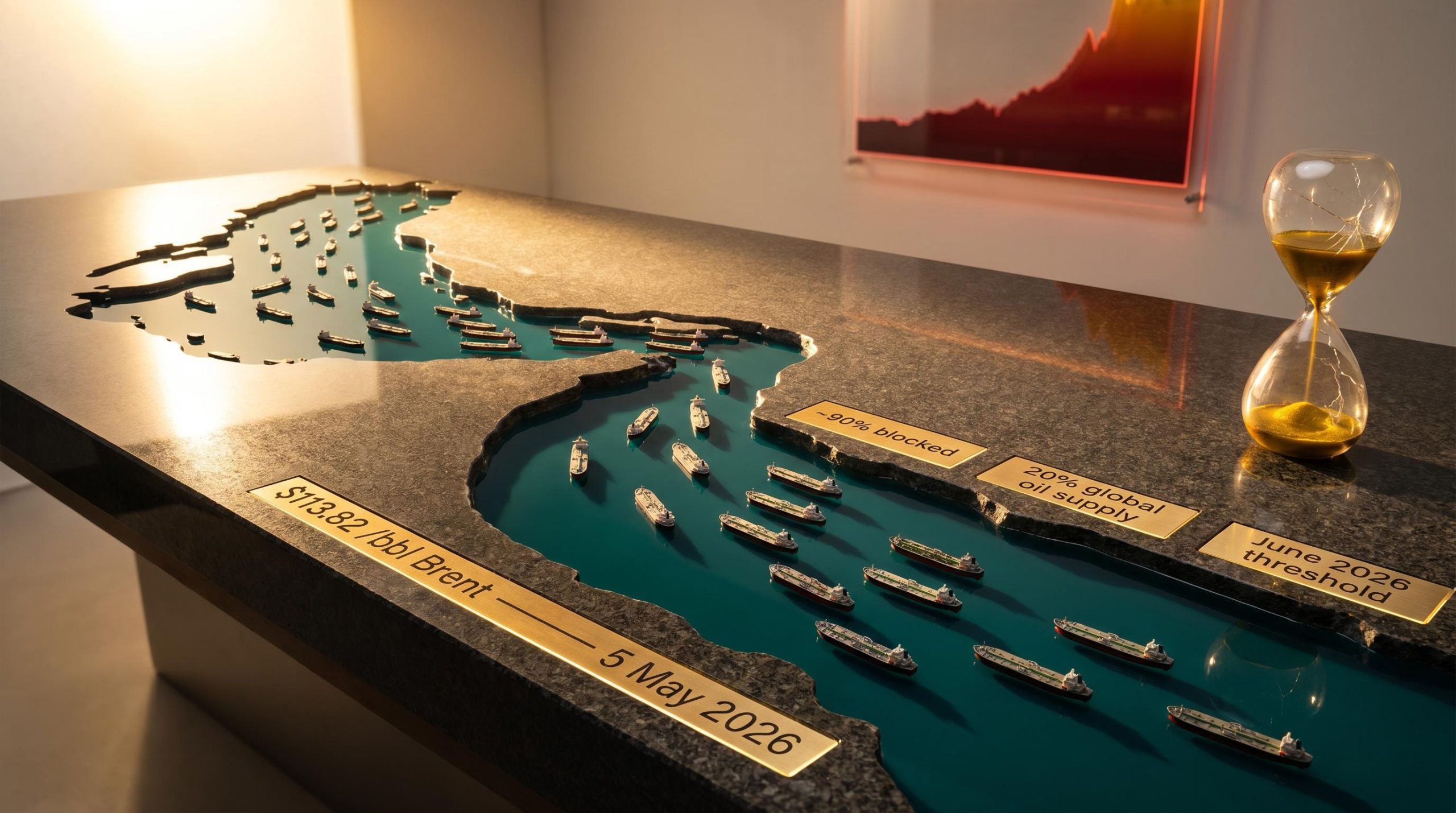 Strait of Hormuz oil tanker blockade model with Brent crude at $113.82 and global recession risk buffers expiring June 2026