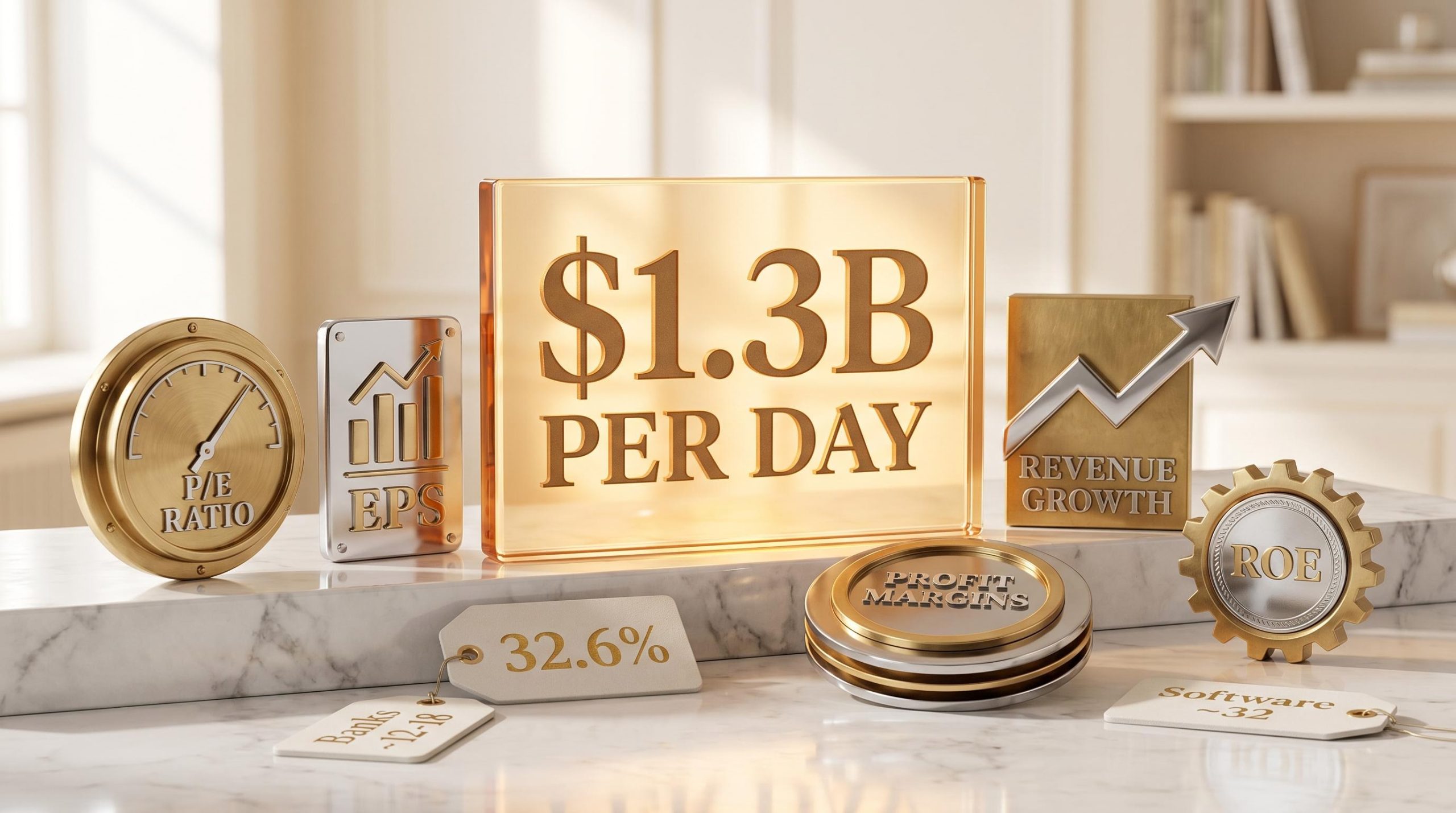 Five fundamental analysis metrics as physical brass instruments on marble, with $1.3B daily retail flow figure etched in glass