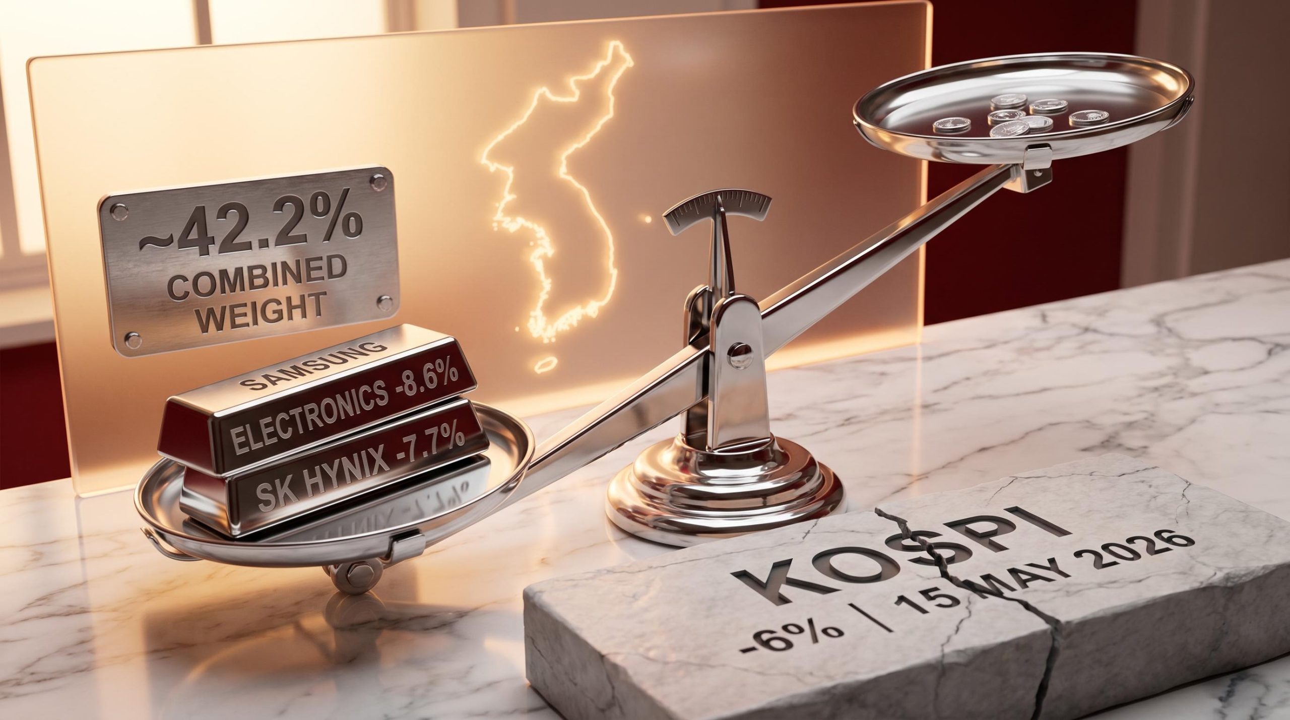 Balance scale crushed by Samsung and SK Hynix ingots showing index concentration risk toppling the KOSPI by 6% on 15 May 2026