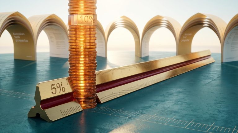 Short brass ruler labelled "5%" dwarfed by towering returns column labelled "10%" — investment benchmark mismatch concept