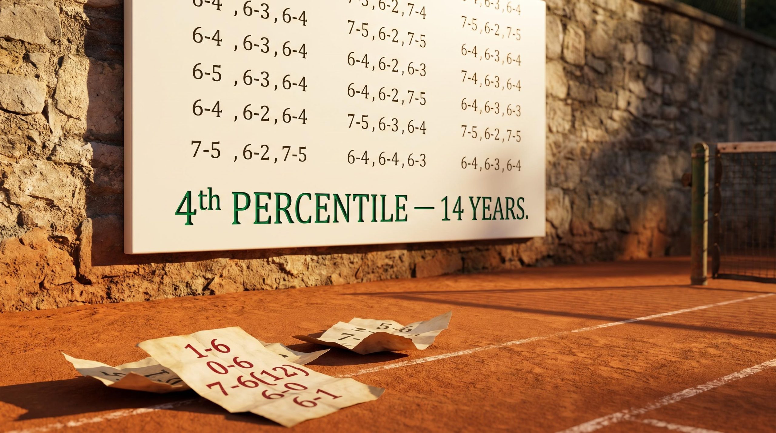 Clay tennis court scoreboard showing modest annual ranks and final "4th percentile" result illustrating defensive investing strategy