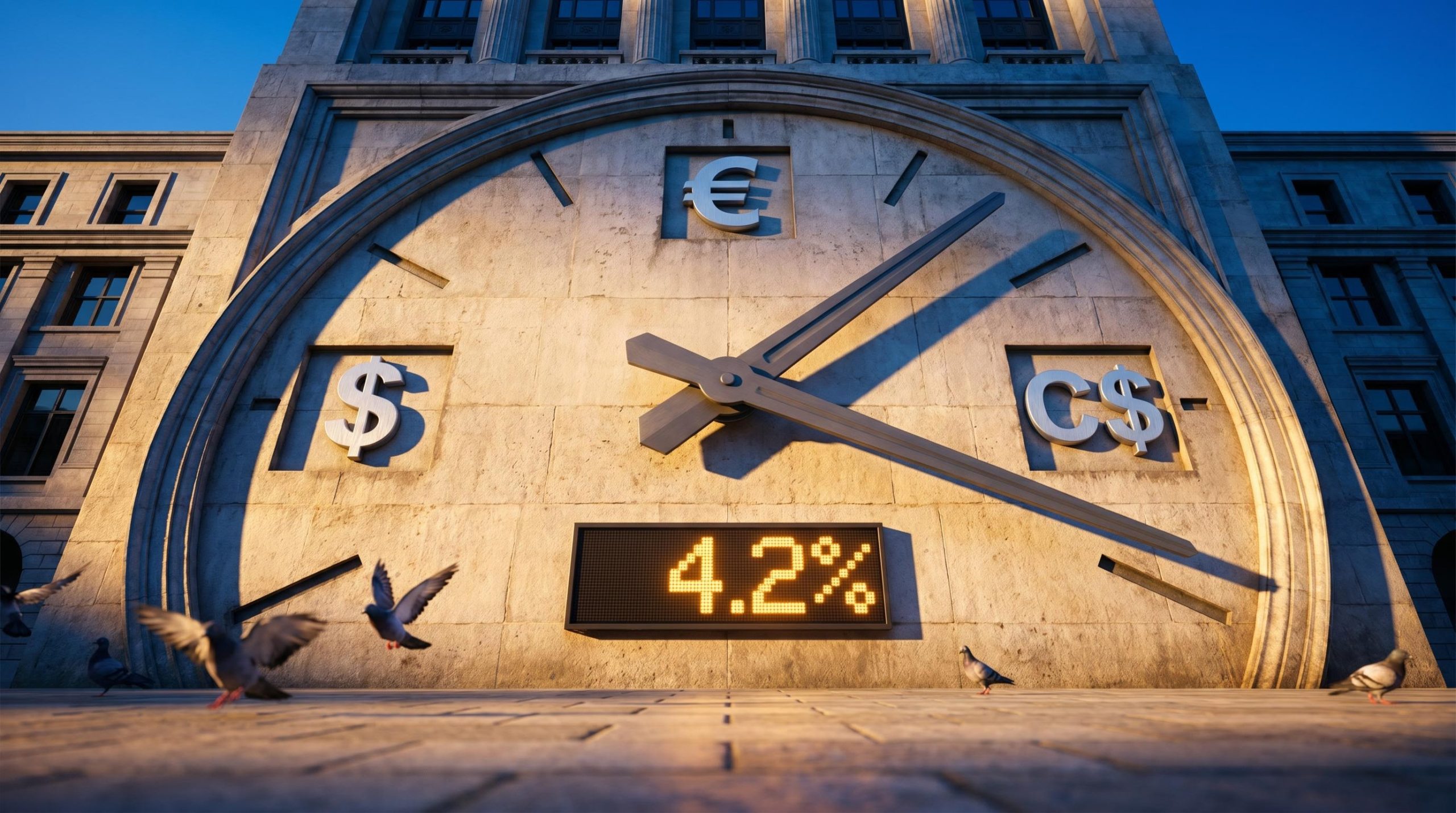 48-hour central bank week countdown clock with USD, EUR, CAD symbols and 4.2% CPI display at golden hour
