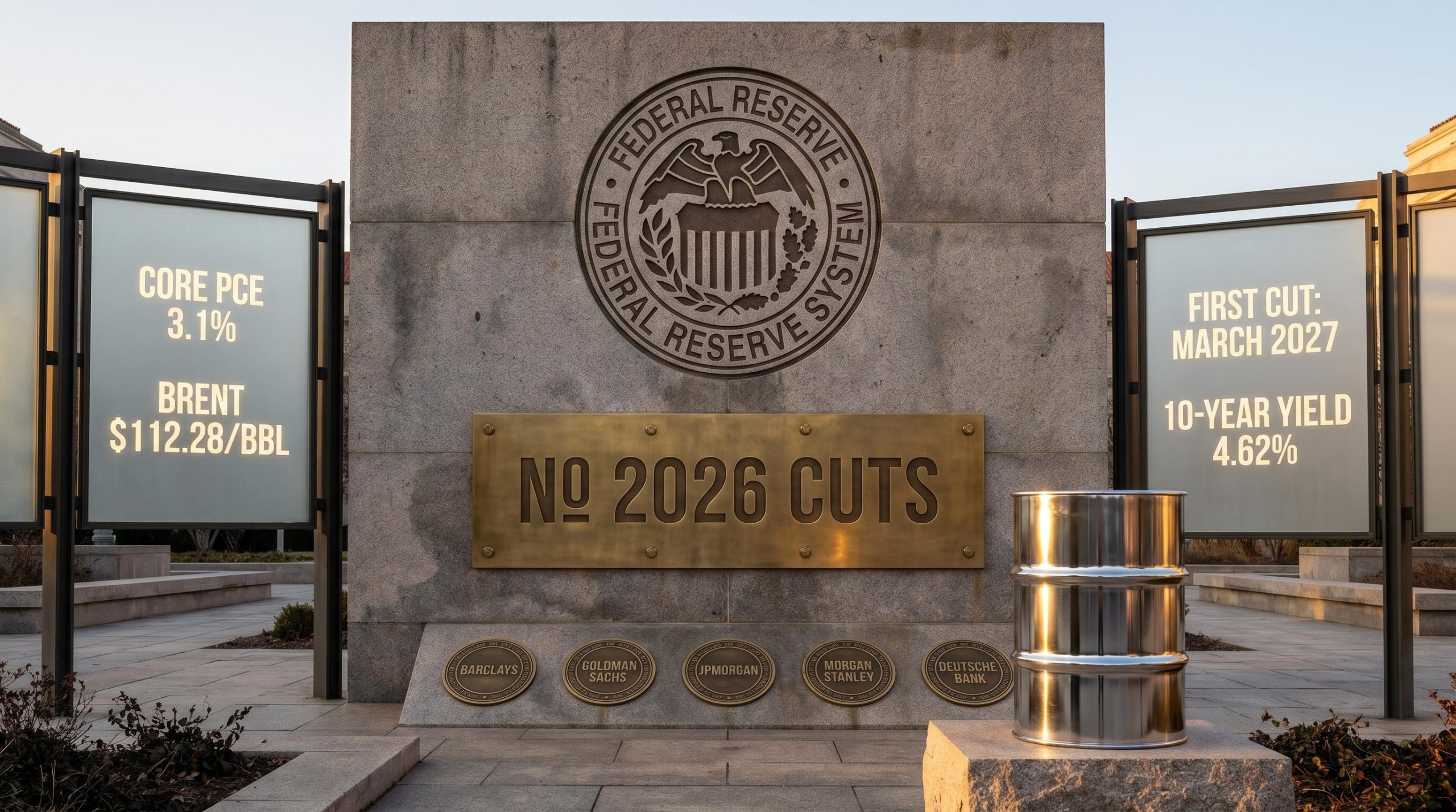 Barclays Fed rate cut forecast removed for 2026, first cut March 2027, with Brent crude at $112.28 driving inflation revision