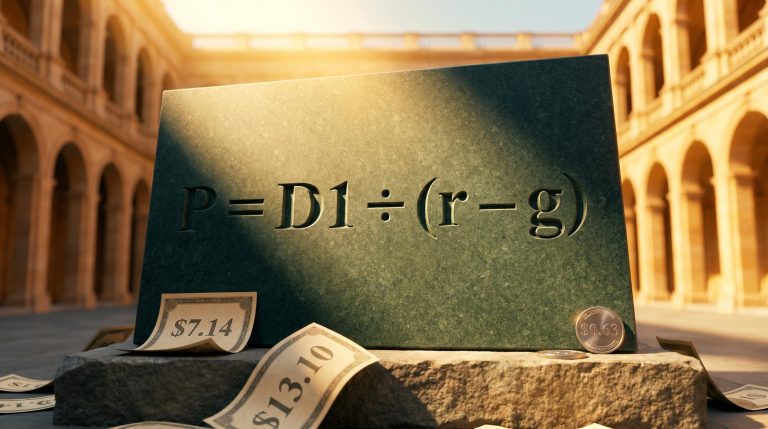 Dividend Discount Model formula carved in granite with $7.14 and $13.10 valuation range tiles for ASX bank DDM guide