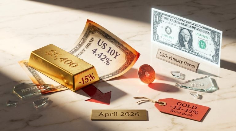 Gold bar, bond, yen coin and USD showing safe haven assets failing during Iran War stagflation crisis