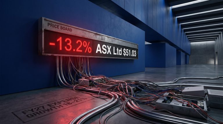 ASX Ltd ticker showing -13.2% drop amid FY27 cost warning of 18–21% expense growth