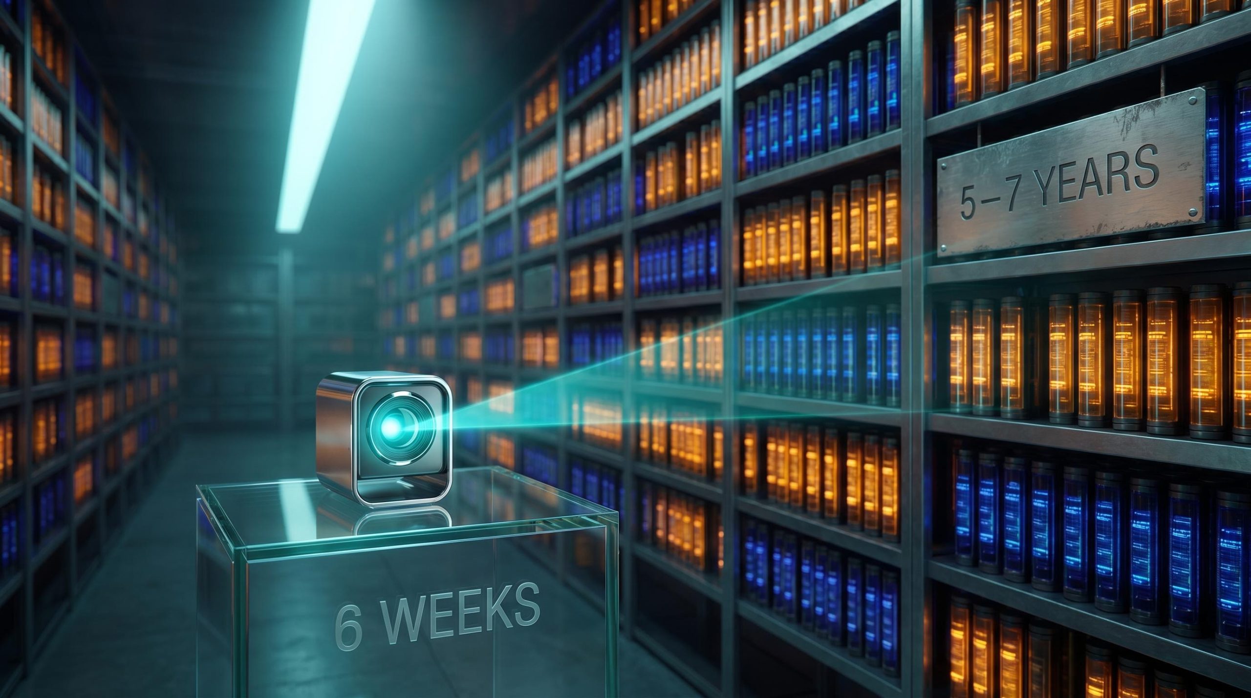 AI scanner beam sweeping a vast code archive, contrasting 6 weeks against 5–7 years of vulnerability discovery