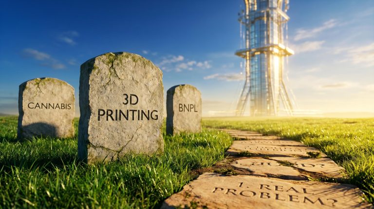 Stone tombstones engraved with failed thematic investing themes contrast a soaring glass tower in golden sunlight
