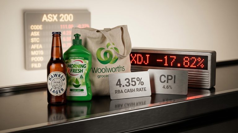 Consumer staples products on conveyor belt with RBA 4.35% rate and CPI 4.6% as contrarian investment thesis signals
