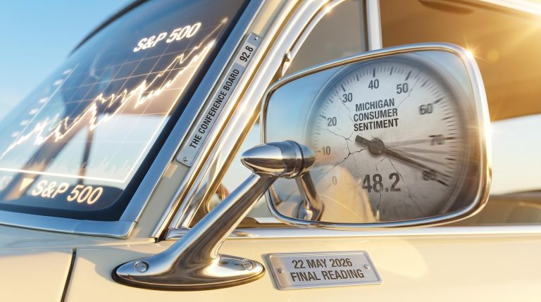 Rearview mirror showing Michigan Consumer Sentiment 48.2 while an S