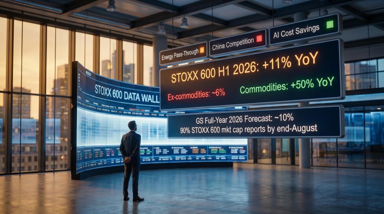STOXX 600 earnings data wall showing 11% H1 2026 growth and Goldman Sachs three-watchpoint resilience framework