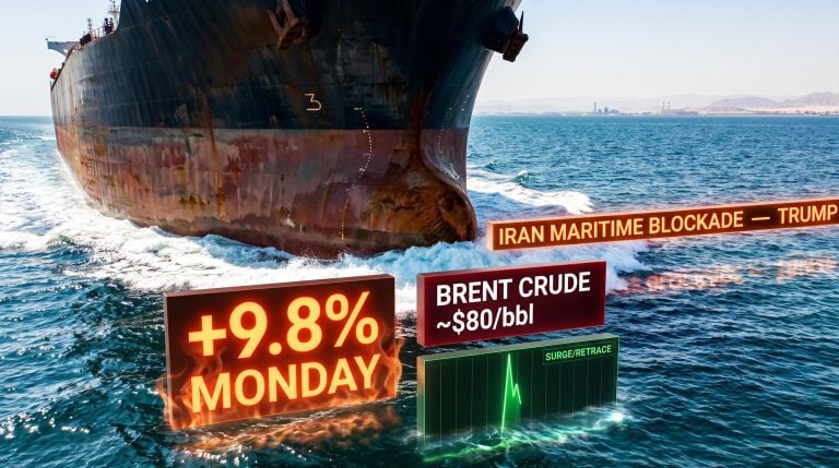 Oil tanker in the Strait of Hormuz with Brent crude 9.8% spike and $80/bbl data overlays after Trump Iran blockade
