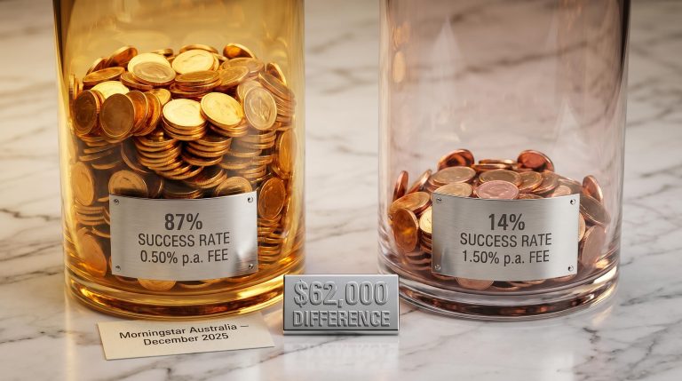 Two glass cylinders of gold coins show 87% vs 14% fund success rates — the impact of fund fees on investor outcomes
