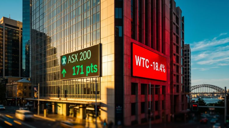 ASX 200 split-screen Sydney skyline showing 171-point surge alongside WiseTech Global's 18.4% single-session crash