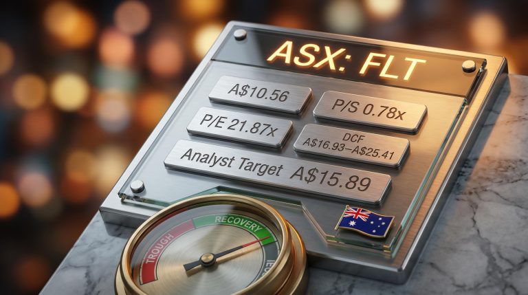 Flight Centre ASX:FLT valuation dashboard showing P/S 0.78x, P/E 21.87x and DCF range A$16.93–A$25.41