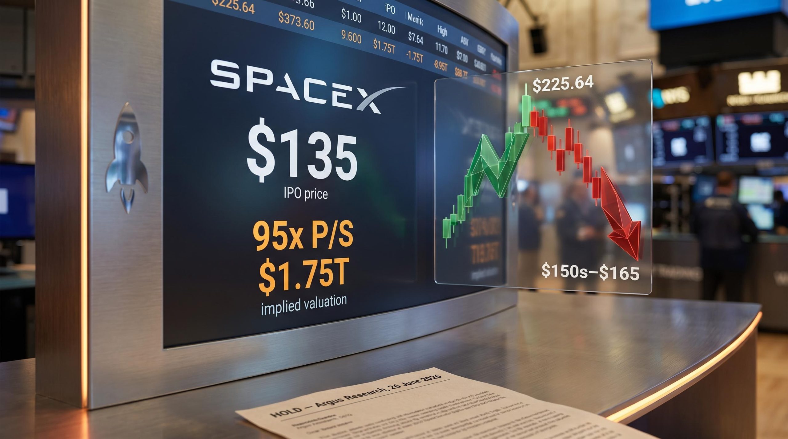 SpaceX IPO trading screen showing $135 price and 95x P/S multiple with Argus Research Hold rating