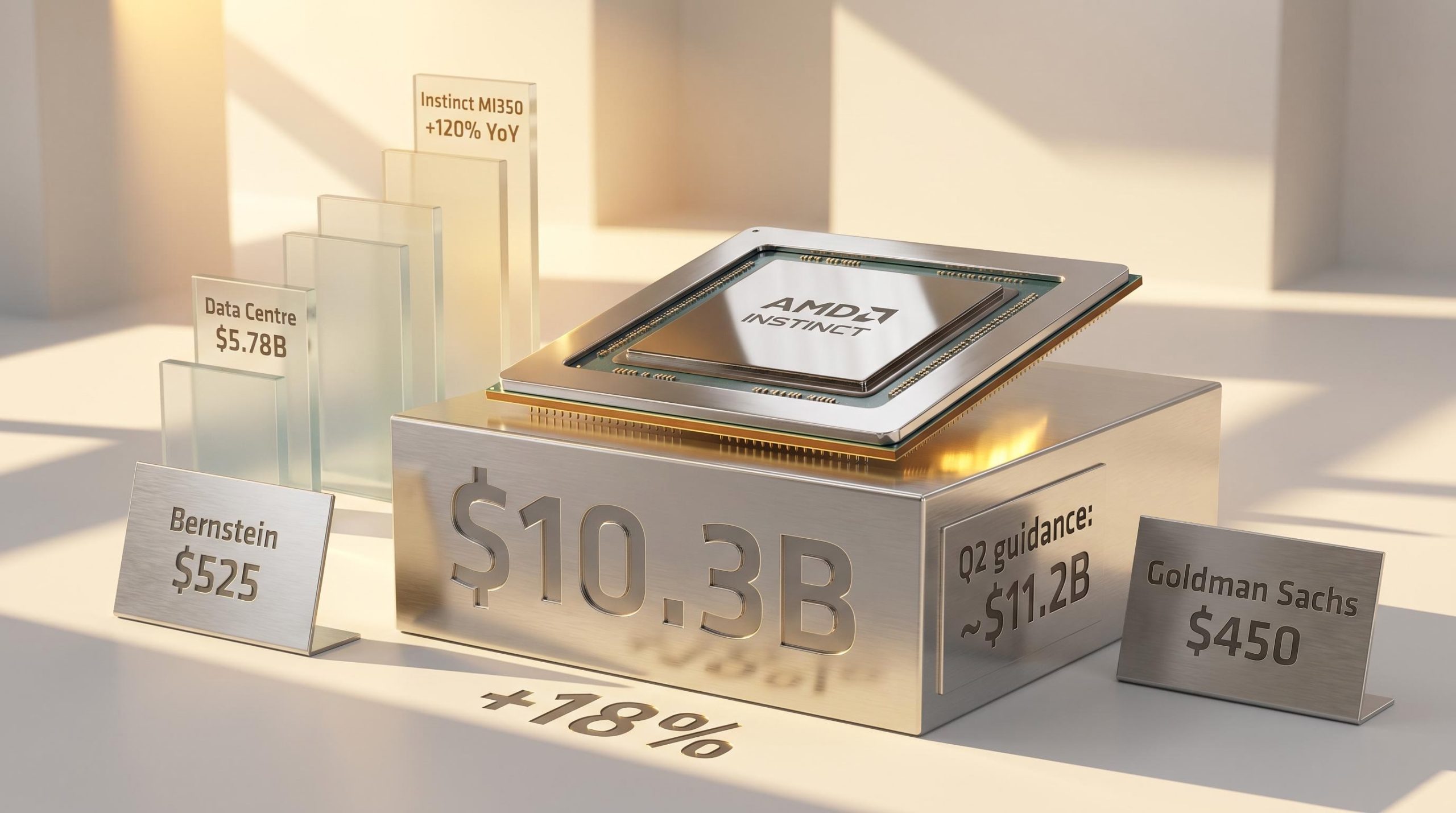 AMD Instinct MI350 GPU on chrome plinth with $10.3B revenue and 18% surge etched as physical scene elements